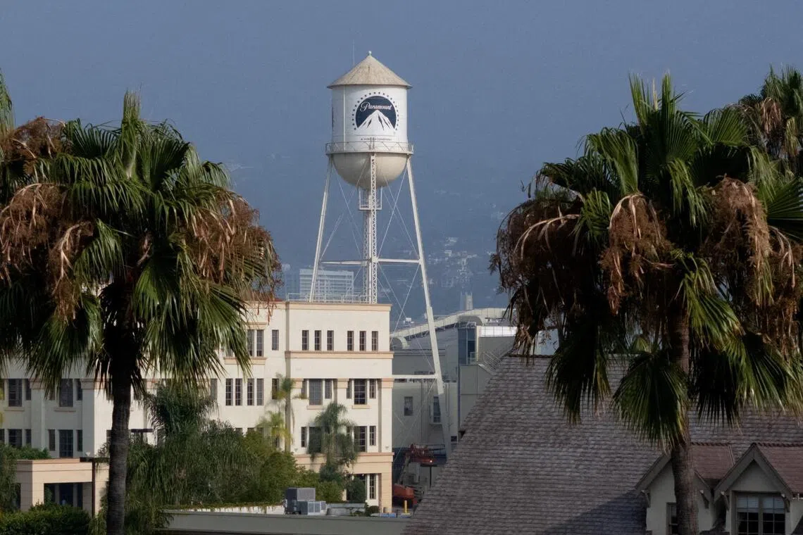 A drone view of the Paramount water tower on the Paramount studio lot in Hollywood in Los Angeles. 