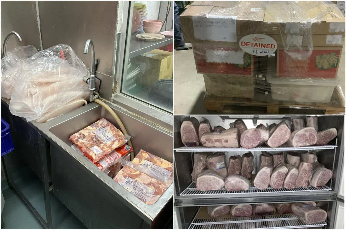 (Clockwise from left) Improper thawing of meat at LPH Catering, Seized products from Alternative Selection