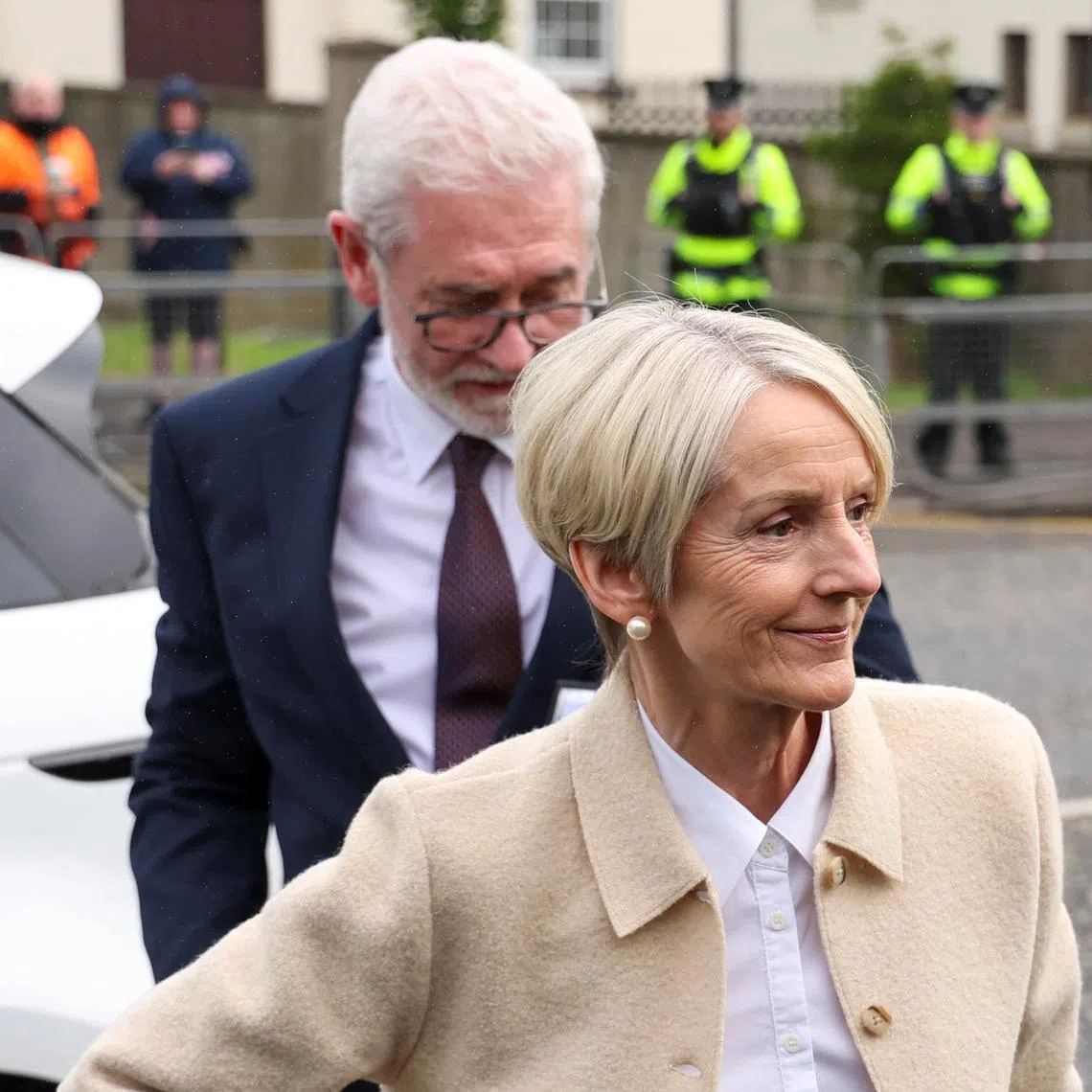 Eleanor Donaldson, co-accused and wife of Jeffrey Donaldson, former leader of the Democratic Unionist Party (DUP) charged with historical sex offences, arrives at Newry Magistrates Court for a preliminary enquiry, in Newry, Northern Ireland, July 3, 2024. REUTERS/Damien Eagers
