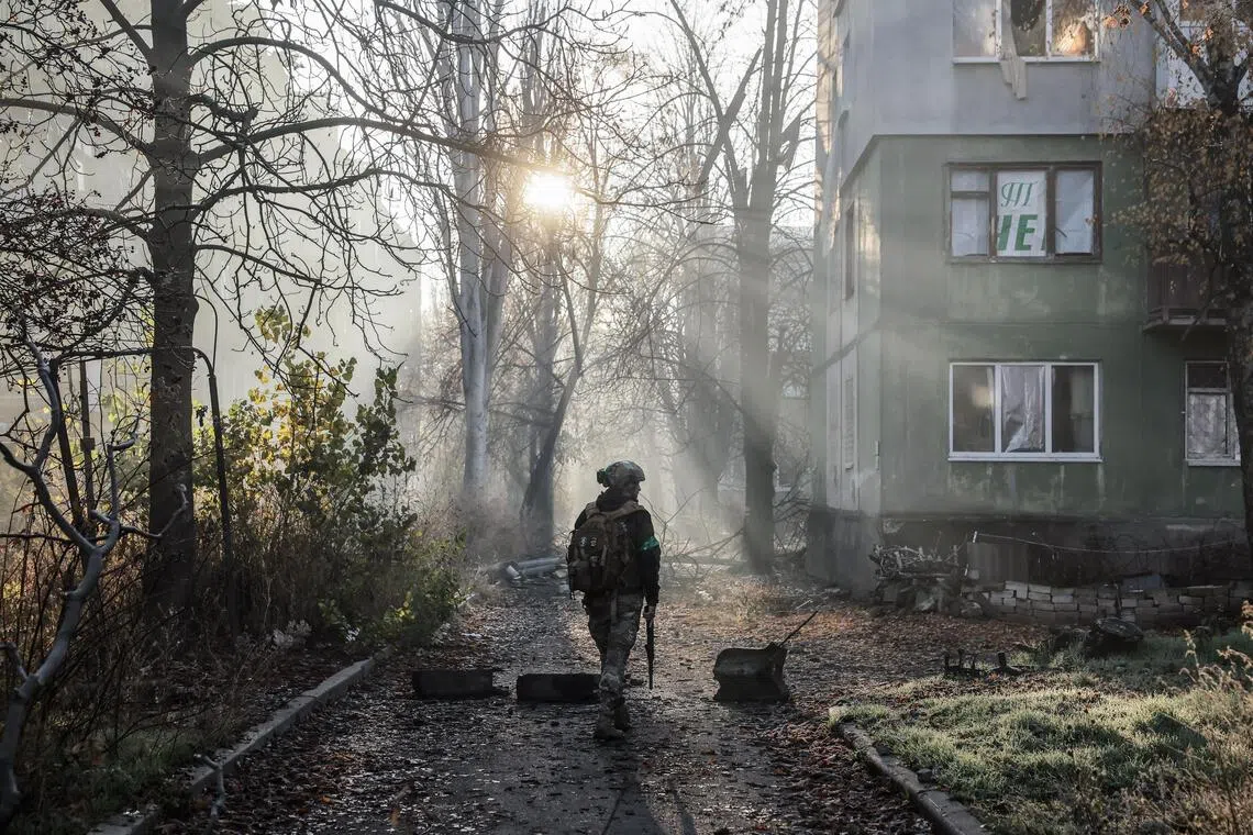A Ukrainian serviceman in the front-line city of Kostyantynivka, in Ukraine's Donetsk region, on Nov 16.