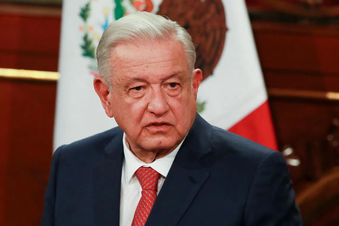 FILE PHOTO: Mexico's President Andres Manuel Lopez Obrador delivers a speech to present a package of constitutional reforms, including on the judiciary, electoral system, salaries, and pensions, at the National Palace in Mexico City, Mexico February 5, 2024. REUTERS/Henry Romero/File Photo