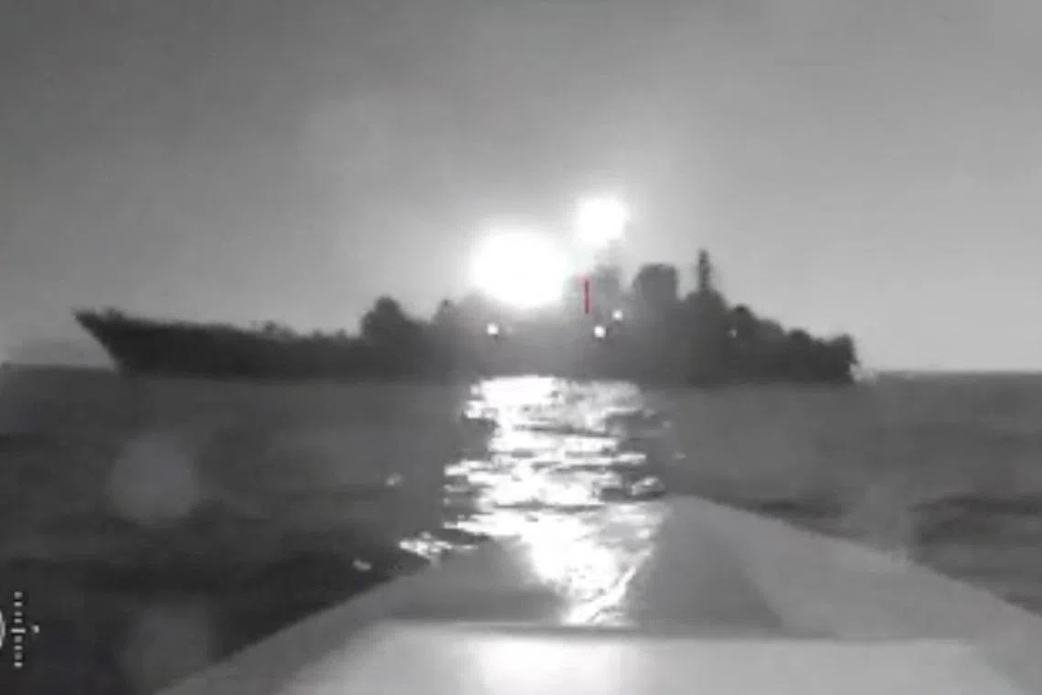 A sea drone shows the silhouette of the landing ship Olenegorsky Gornyak in this screengrab obtained from social media.