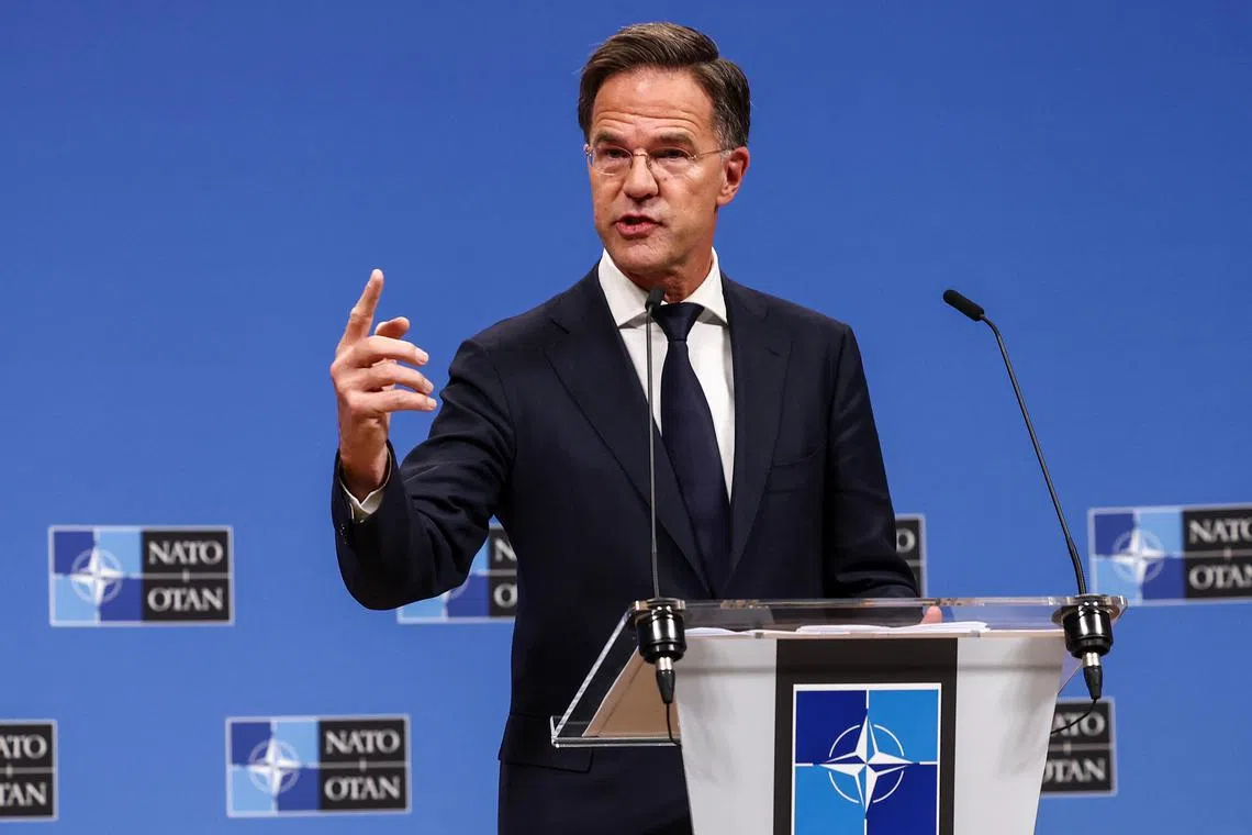 FILE PHOTO: NATO Secretary-General Mark Rutte holds a press conference, ahead of a meeting of NATO Defence Ministers in Brussels, Belgium October 16, 2024. REUTERS/Yves Herman/File Photo