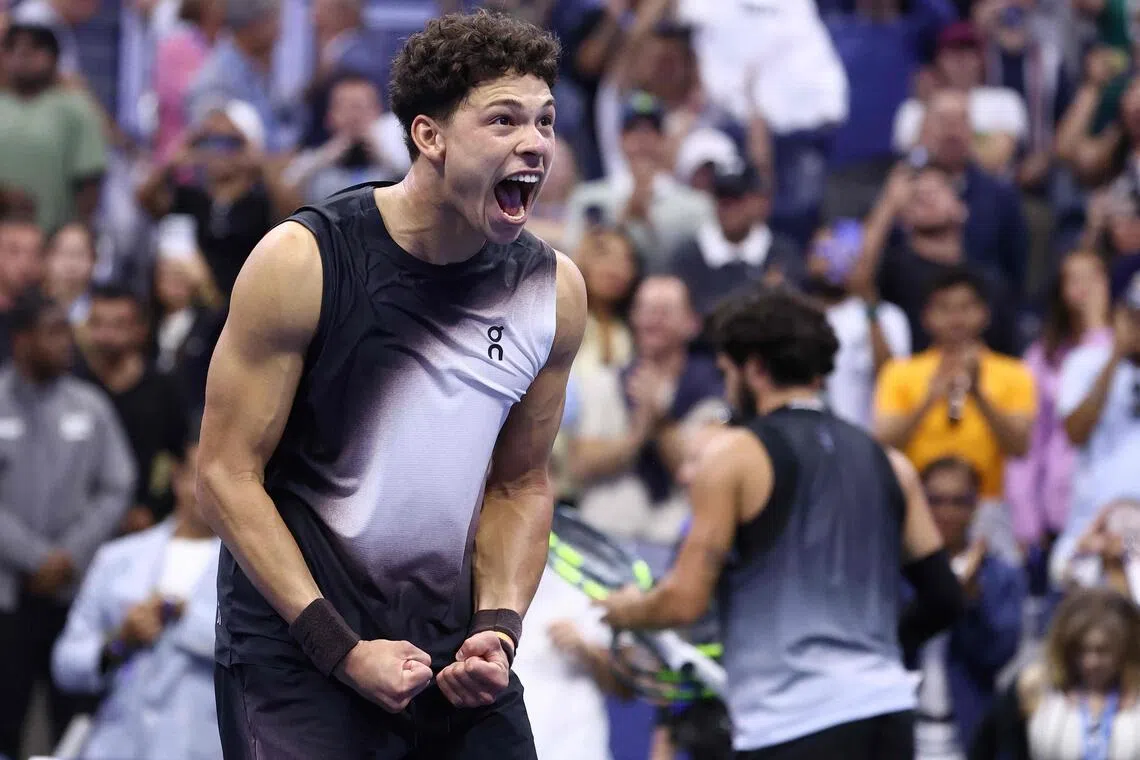 Ben Shelton of the US celebrating his 6-7 (5-7), 6-1, 6-3, 1-6, 7-6 (10-7) US Open quarter-final win over Carlos Alcaraz at the USTA Billie Jean King National Tennis Center in New York City on Sept 9.