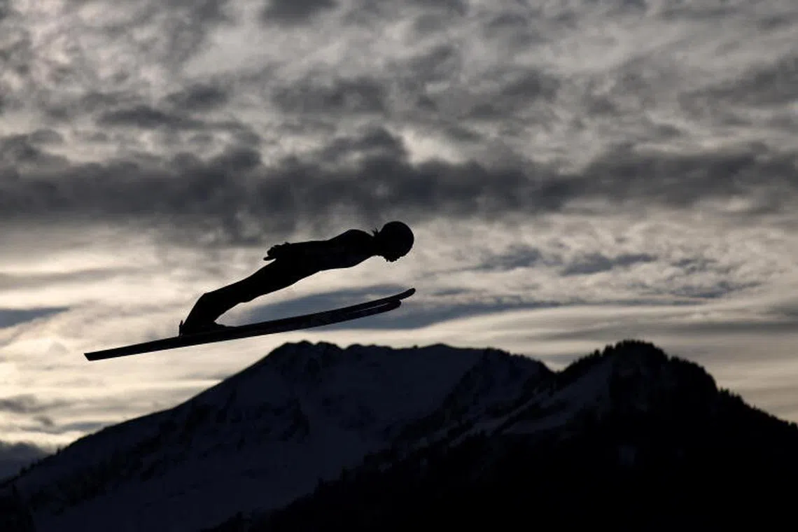 Japan's Ryoyu Kobayashi in action during the men's HS137 training jump during the  Four Hills Tournament in Oberstdorf, Germany. PHOTO : REUTERS