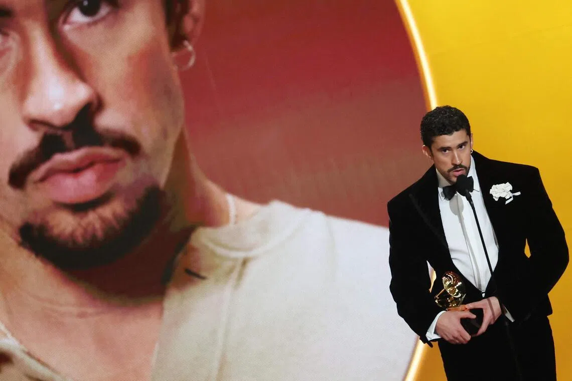 Bad Bunny accepts the Best Musica Urbana Album award for Debi Tirar Mas Fotos onstage during the 68th Grammy Awards on Feb 1.