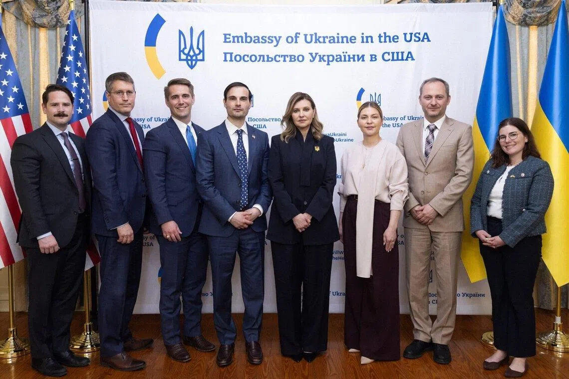 Ukrainian First Lady Olena Zelenska (centre) welcomed the creation of the fund after meeting in Washington with US officials.