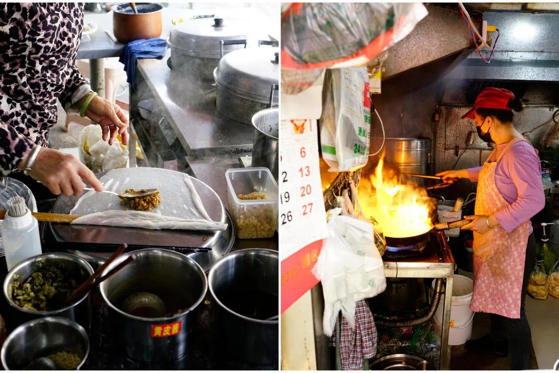 A vendor makes rice noodle rolls (left) while another fries "old friend" noodles in Nanning. 