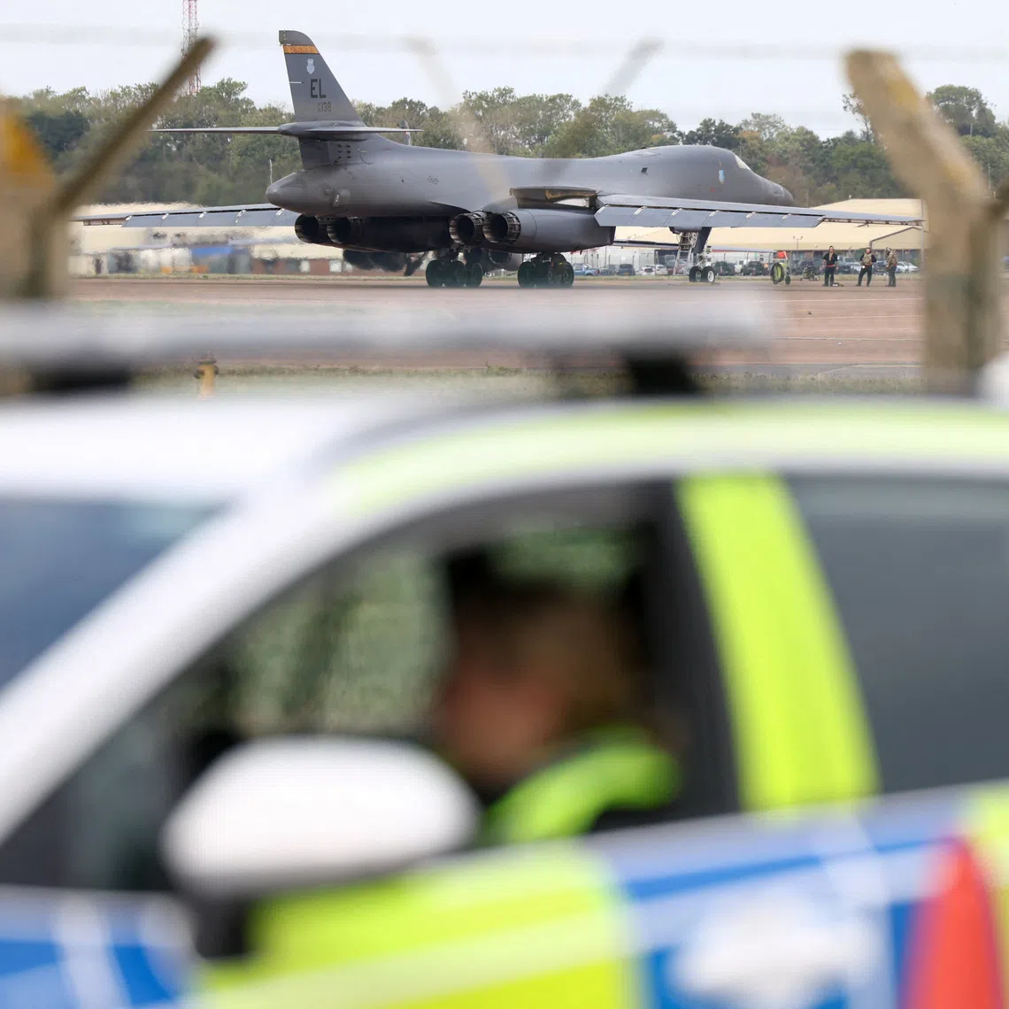 A B‑1B Lancer bomber arrives at RAF Fairford airbase, after police declared a major incident at the base and arrested several men on suspicion of offences under the Explosives Act, who have since been released on bail, in Fairford, Gloucestershire, Britain, Sept 29