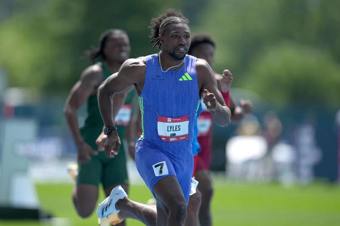 Jul 25, 2026; New York, NY, USA; Noah Lyles wins 200m heat in 20.51 during the USATF Championships at Icahn Stadium. Mandatory Credit: Kirby Lee-Imagn Images