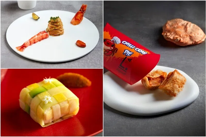 (Clockwise from top left) Labyrinth's elevated spin on prawn noodles, chilli crab pie and ketupat served with the satay pigeon.
