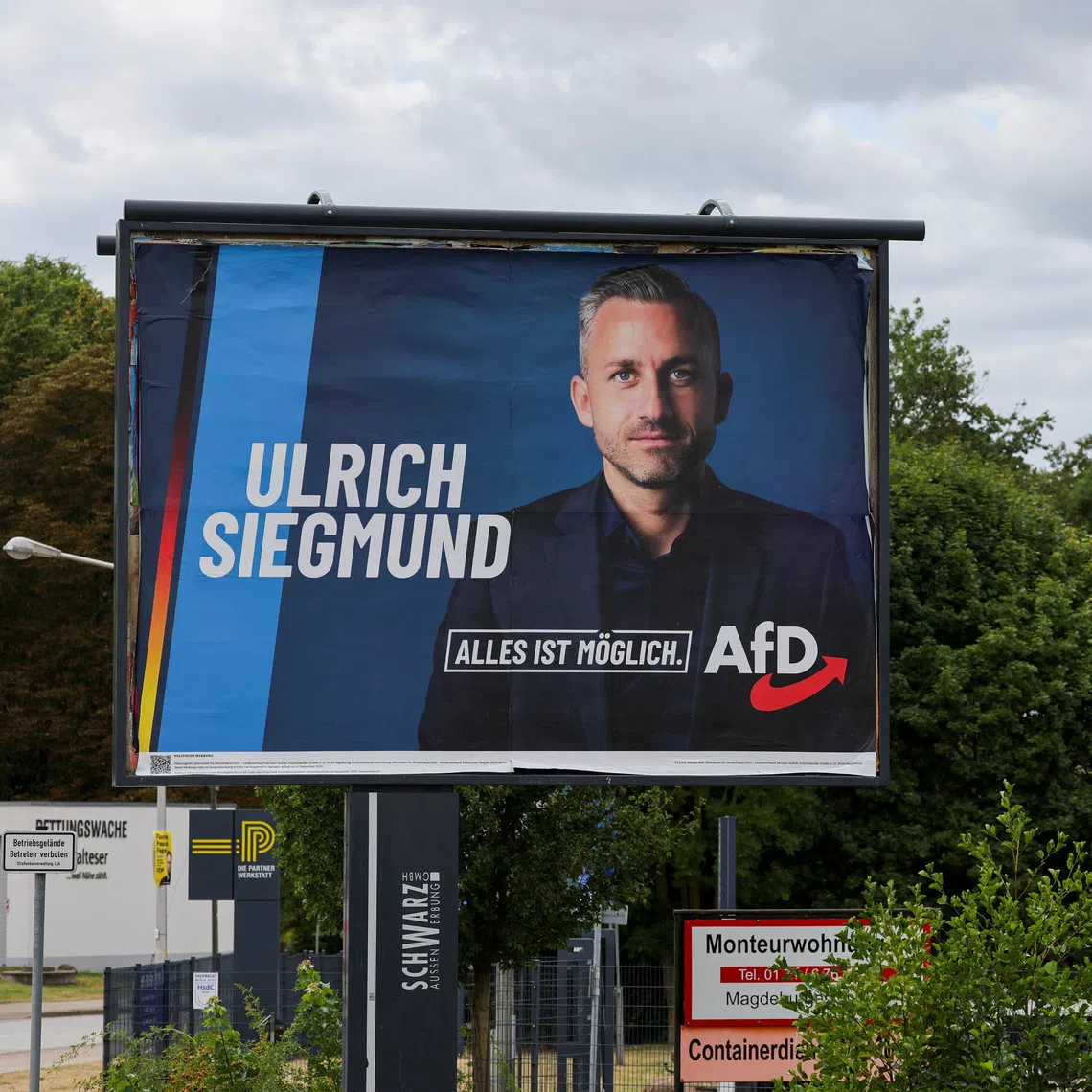 An election campaign billboard of Ulrich Siegmund, top candidate of the far-right Alternative for Germany (AfD), in Germany’s Saxony-Anhalt state election, in Quedlinburg, Germany. The slogan reads: ‘Everything is possible’.