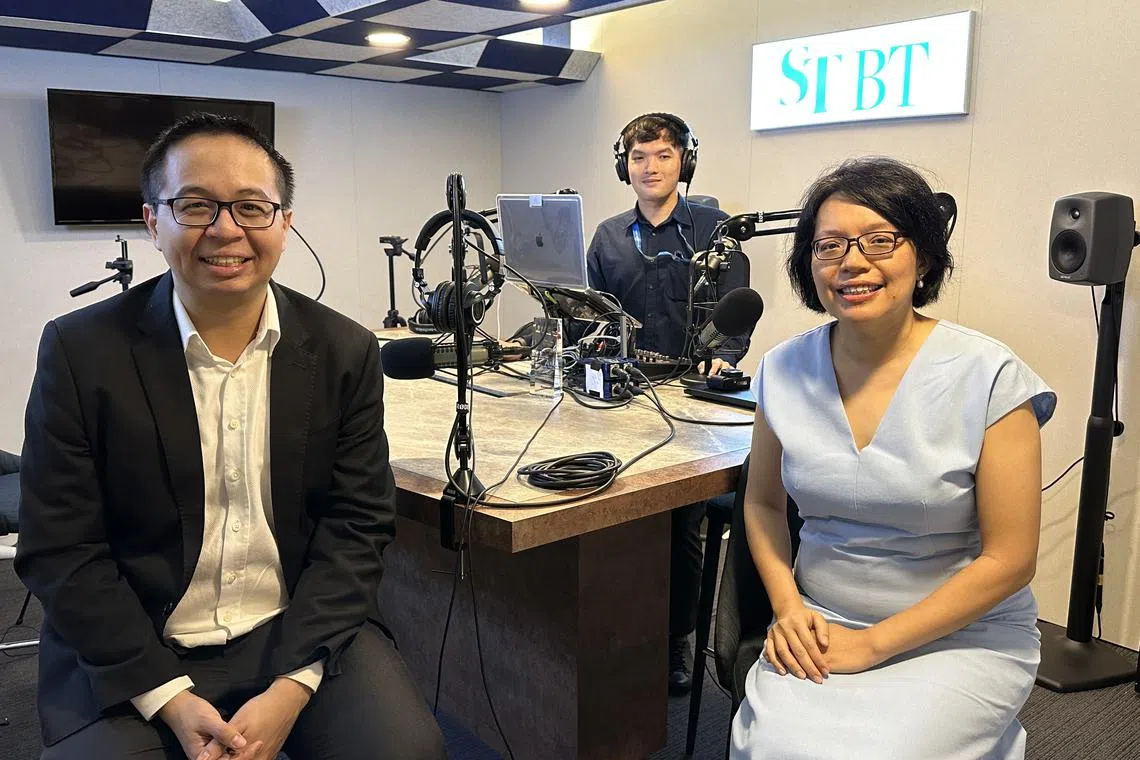 (From left) Elijah Lee, Senior Financial Services Manager at PhillipCapital, ST podcast producer Teo Tong Kai, and associate editor and senior columnist Lee Su Shyan in the podcast studio.