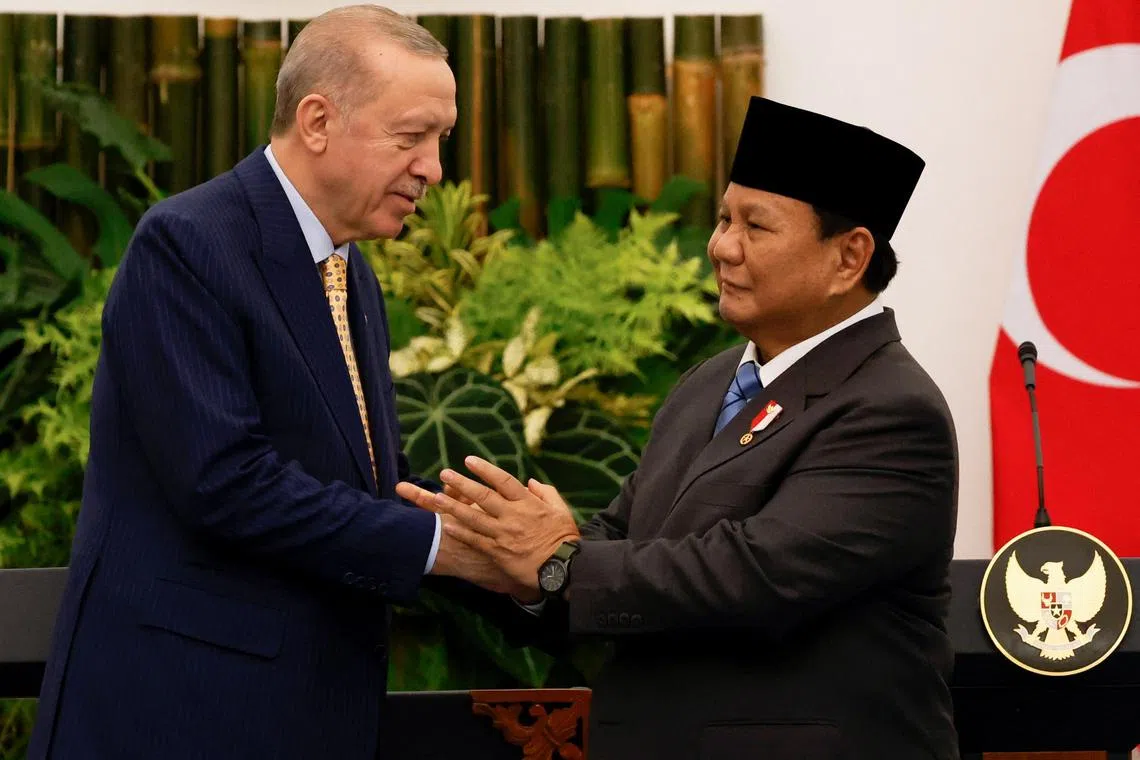 Turkish President Tayyip Erdogan and Indonesian President Prabowo Subianto hold each other's hands after a press conference at the Presidential Palace in Bogor, Indonesia, February 12, 2025. REUTERS/Ajeng Dinar Ulfiana