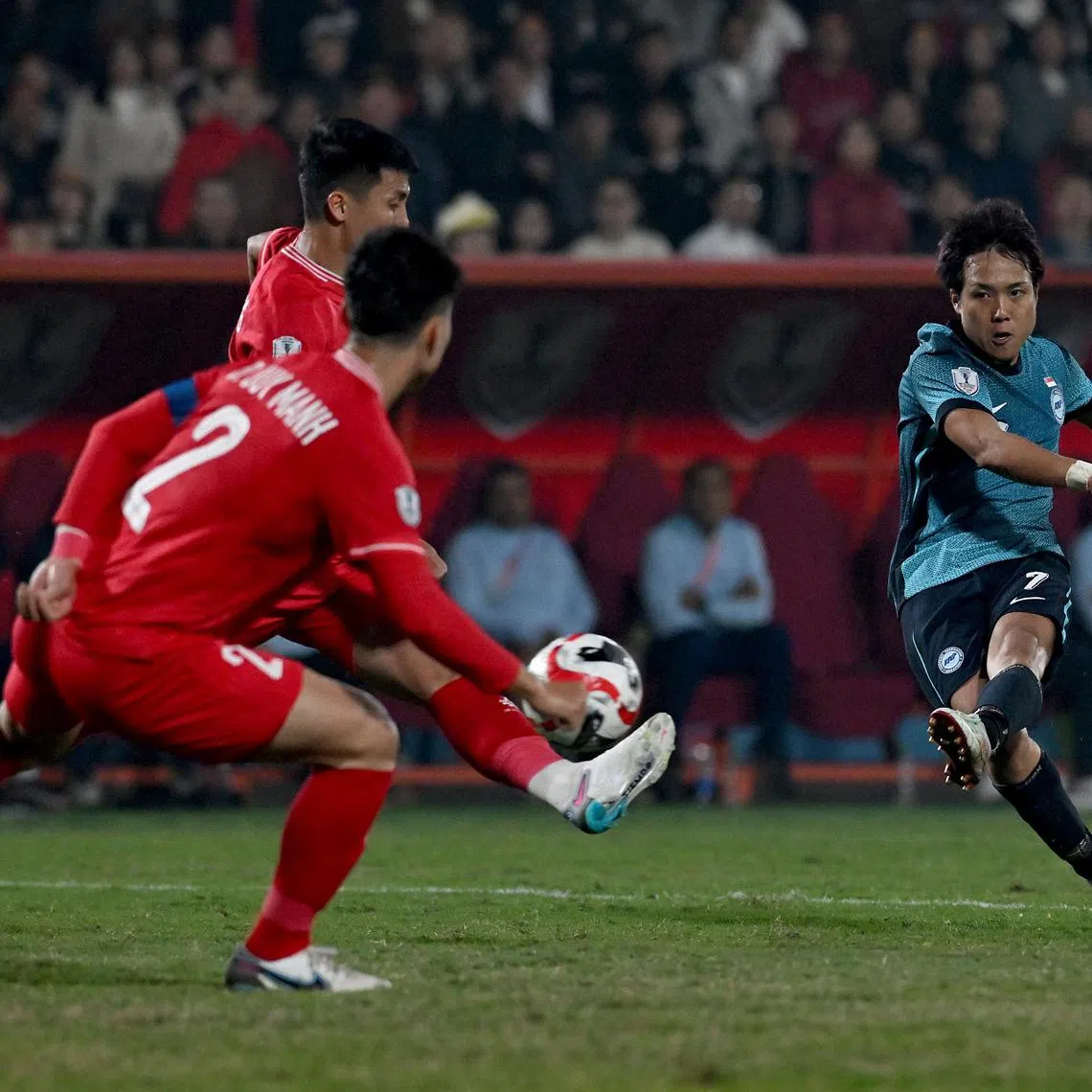 Kyoga Nakamura taking a shot during the Asean Championship 2nd leg semifinal against Vietnam in 2024