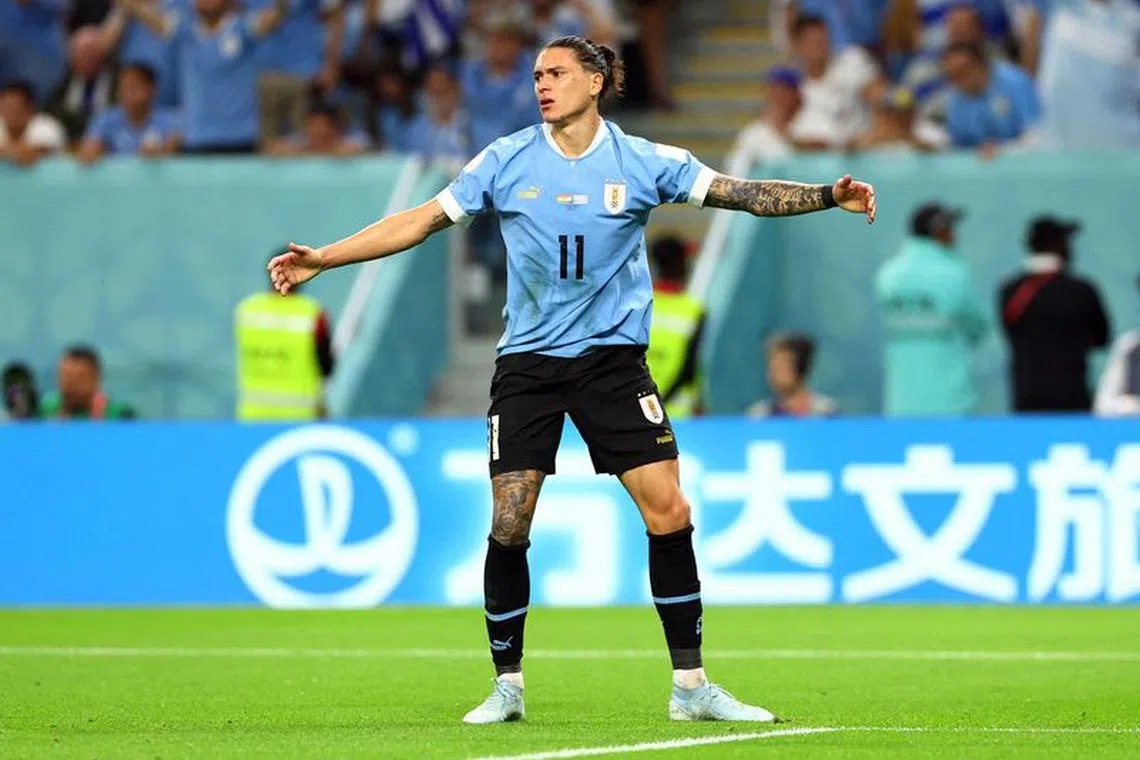 FILE PHOTO:Soccer Football - FIFA World Cup Qatar 2022 - Group H - Ghana v Uruguay - Al Janoub Stadium, Al Wakrah, Qatar - December 2, 2022 Uruguay's Darwin Nunez reacts REUTERS/Bernadett Szabo/File Photo