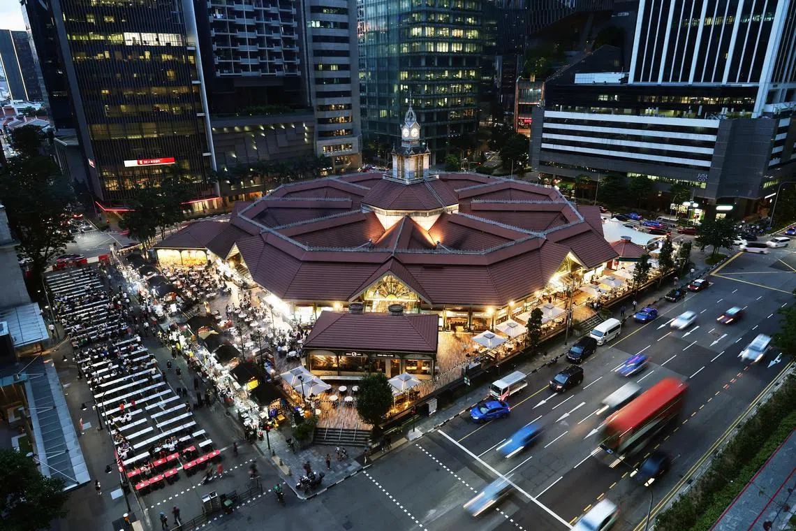The exterior of Lau Pa Sat and its adjacent Satay Street.