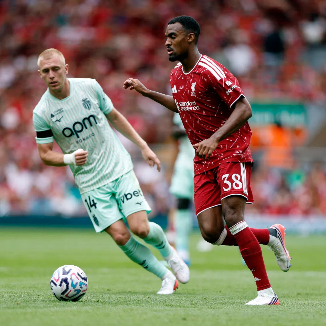 Liverpool’s Ryan Gravenberch in action in a pre-season friendly against AC Monaco at Anfield on Aug 9.