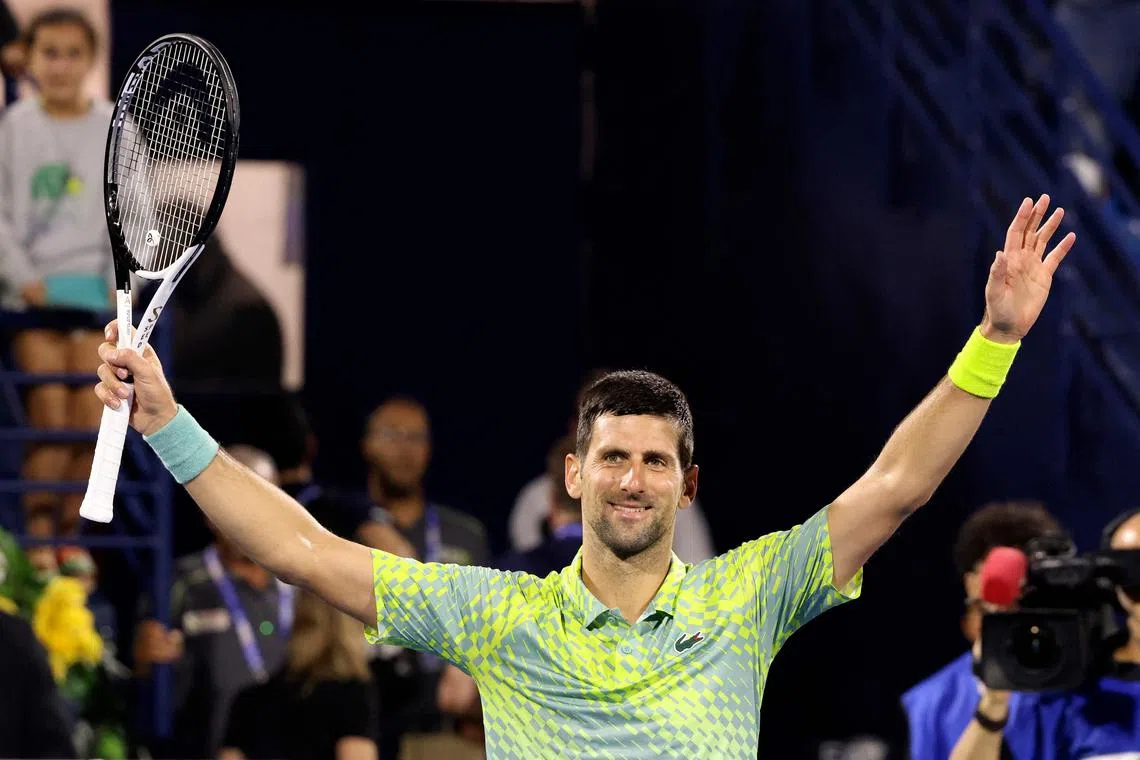 Serbia's Novak Djokovic reacts after his match against Poland's Hubert Hurkacz (not pictured) during their Dubai Duty Free Tennis Championship in Dubai on March 2, 2023. (Photo by Karim SAHIB / AFP)