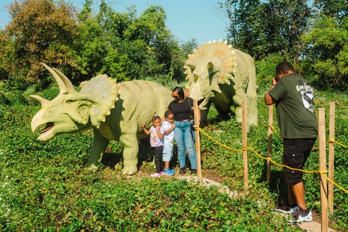 A family visits Field Station: Dinosaurs outdoor theme park in Leonia, N.J. on Sept. 28, 2025. Thirty-one animatronic dinosaurs on display at the theme park Ñ including some that growl and roar Ñ are for sale. (Lanna Apisukh/The New York Times)