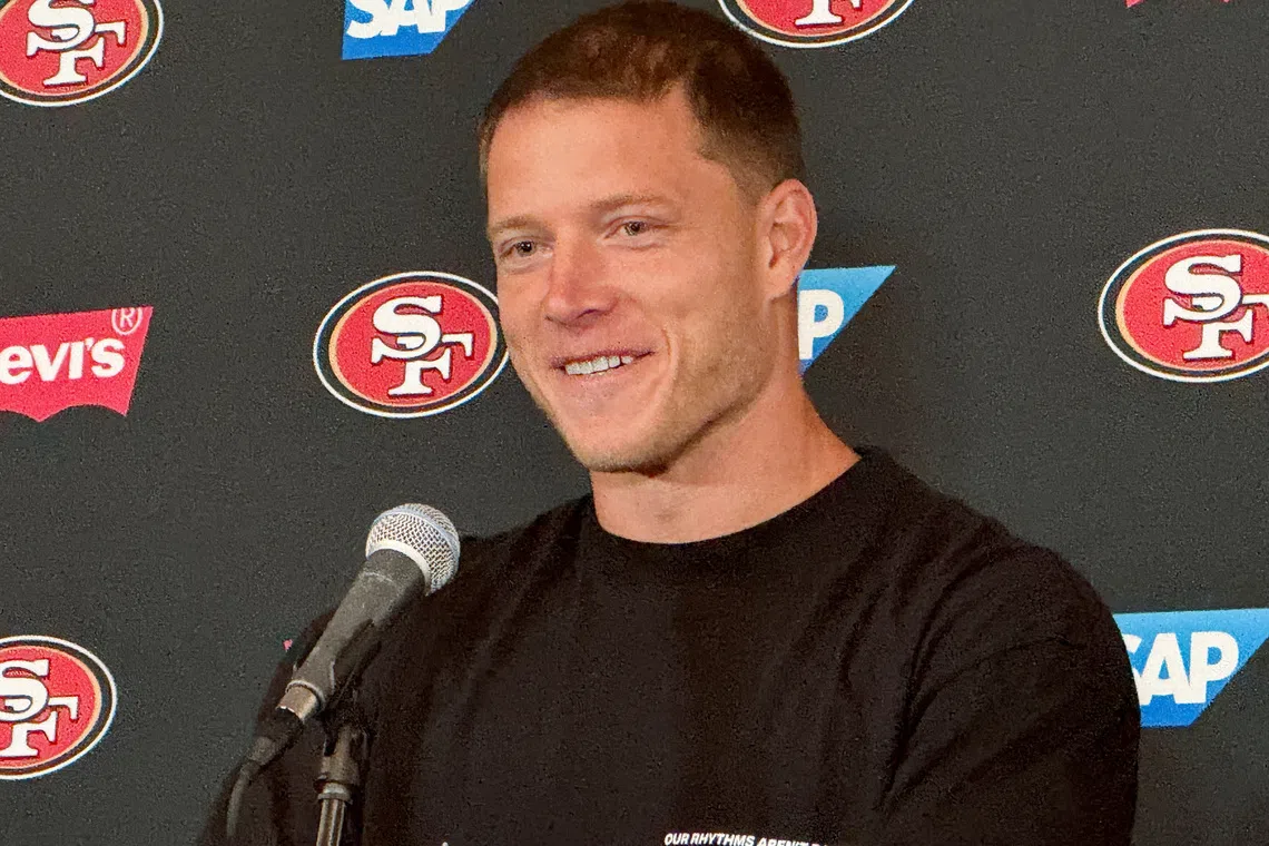 San Francisco 49ers running back Christian McCaffrey speaks at a press conference ahead of the first NFL game in Australia, at Melbourne Rectangular Stadium, in Melbourne, Australia, September 7,2026. Picture taken with a mobile phone. REUTERS/Ian Ransom