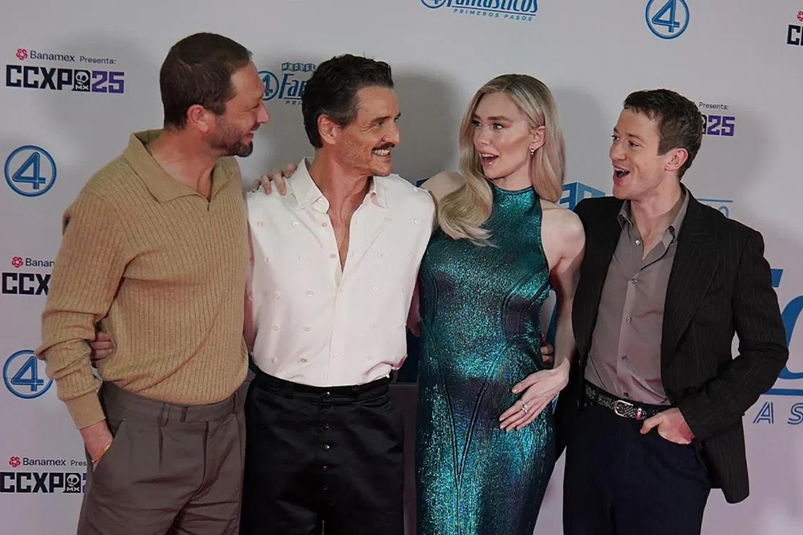 The Fantastic Four: First Steps cast (from left) Ebon Moss-Bachrach, Pedro Pascal, Vanessa Kirby and Joseph Quinn at CCXP Mexico 2025.