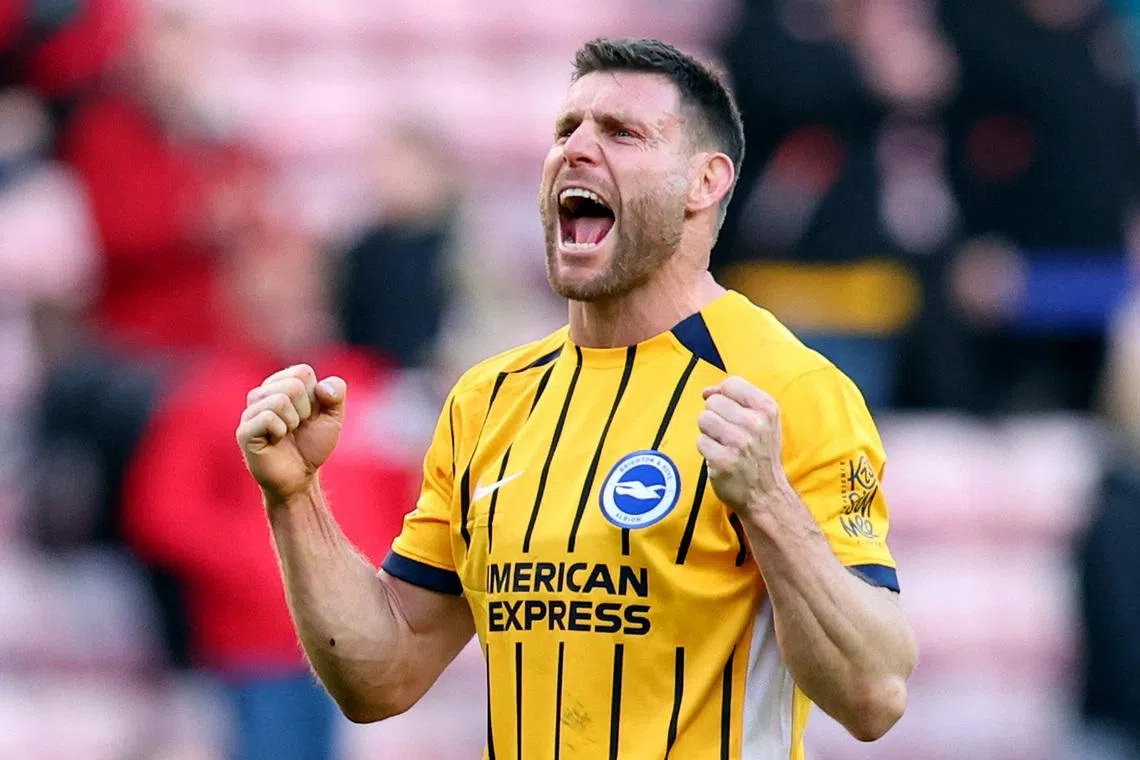 Soccer Football - Premier League - Sunderland v Brighton & Hove Albion - Stadium of Light, Sunderland, Britain - March 14, 2026 Brighton & Hove Albion's James Milner celebrates after the match Action Images via Reuters/Craig Brough