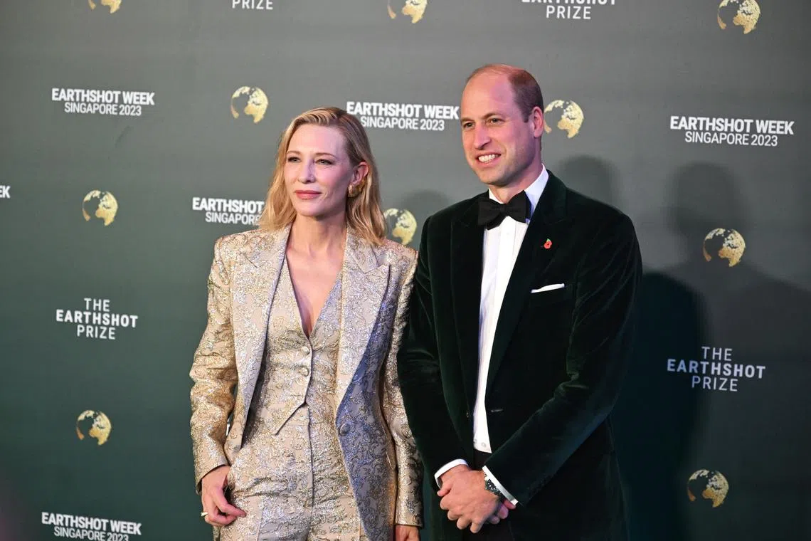 Britain's Prince William (right) posing with Australian actress Cate Blanchett on the green carpet ahead of the Earthshot Prize Awards ceremony at Mediacorp Campus on Nov 7, 2023.