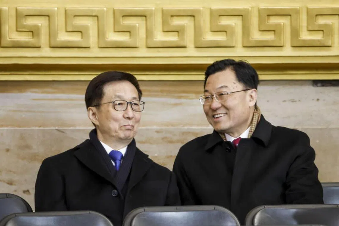 epa11838715 Vice President of the People’s Republic of China Han Zheng (L), attends Donald Trump’s inauguration as the next President of the United States at the United States Capitol in Washington, DC, USA, 20 January 2025. Trump, who defeated Kamala Harris, is being sworn in today as the 47th president of the United States. EPA-EFE/SHAWN THEW / POOL