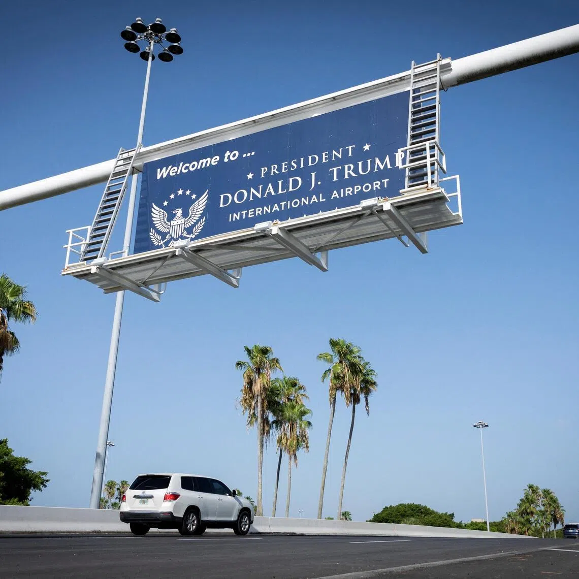 A welcome sign on July 9 at the former Palm Beach International Airport, which has been renamed as President Donald J. Trump International Airport, in West Palm Beach, Florida.