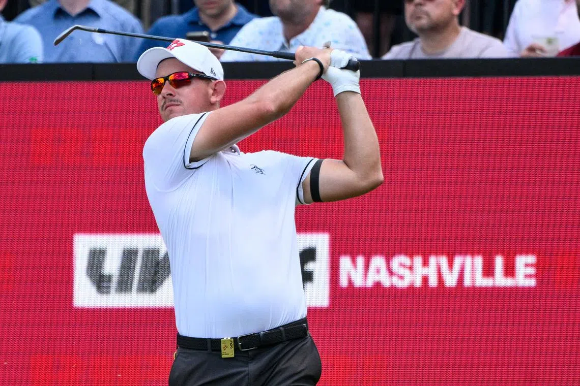 FILE PHOTO: Jun 21, 2024; Nashville, Tennessee, USA;  Lucas Herbert of Ripper GC hits a tee shot at the 15th hole at The Grove. Mandatory Credit: Steve Roberts-USA TODAY Sports/File Photo