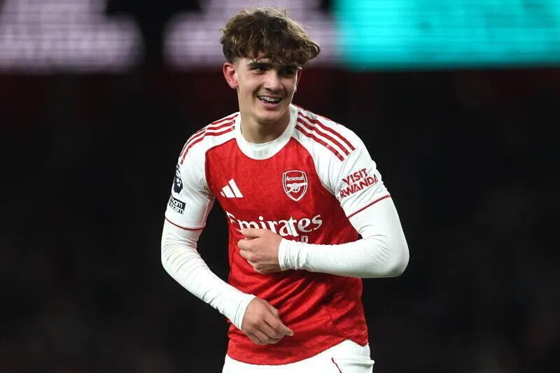 Max Dowman of Arsenal celebrates after scoring the 2-0 goal during the English Premier League match of Arsenal FC against Everton FC, in London, Britain, March 14.