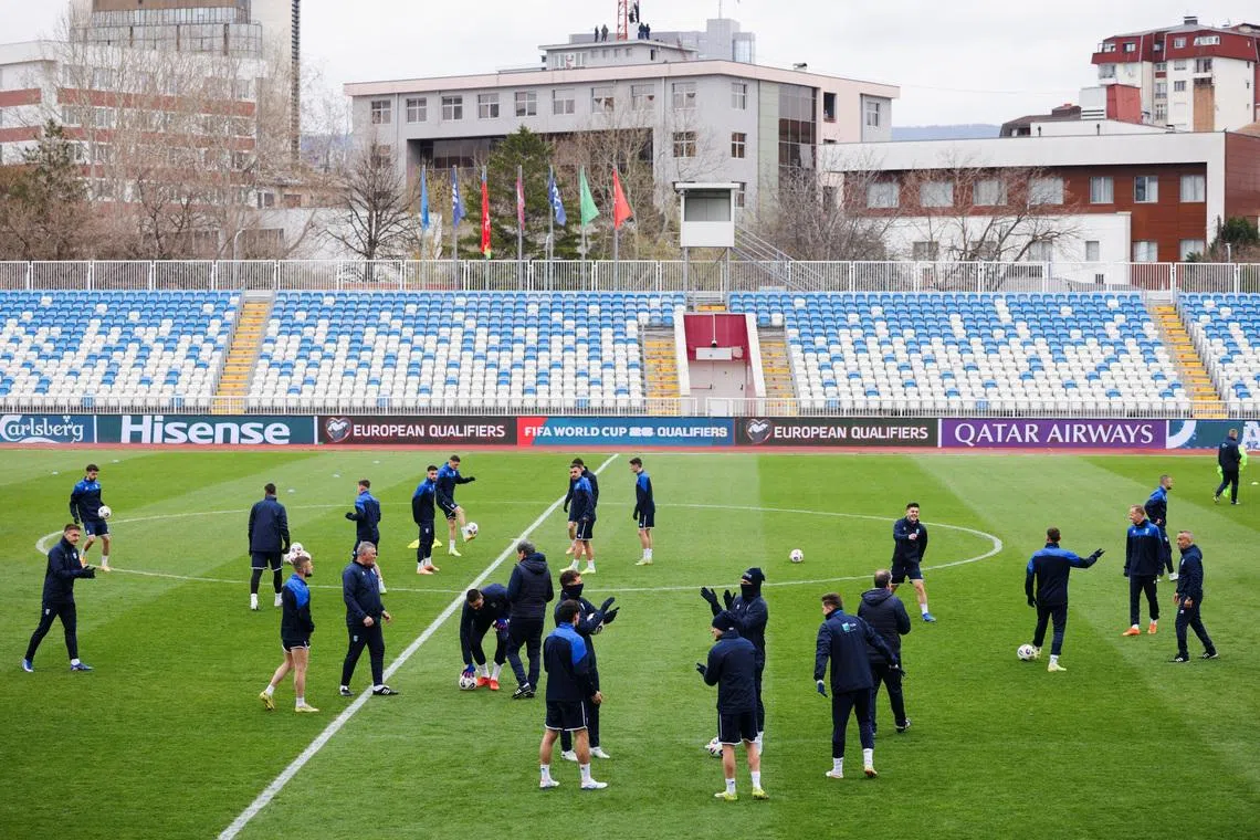 Kosovo players during the national soccer team's training session ahead of the World Cup playoff final between Kosovo and Turkey, in Pristina, Kosovo March 30, 2026. REUTERS/Valdrin Xhemaj
