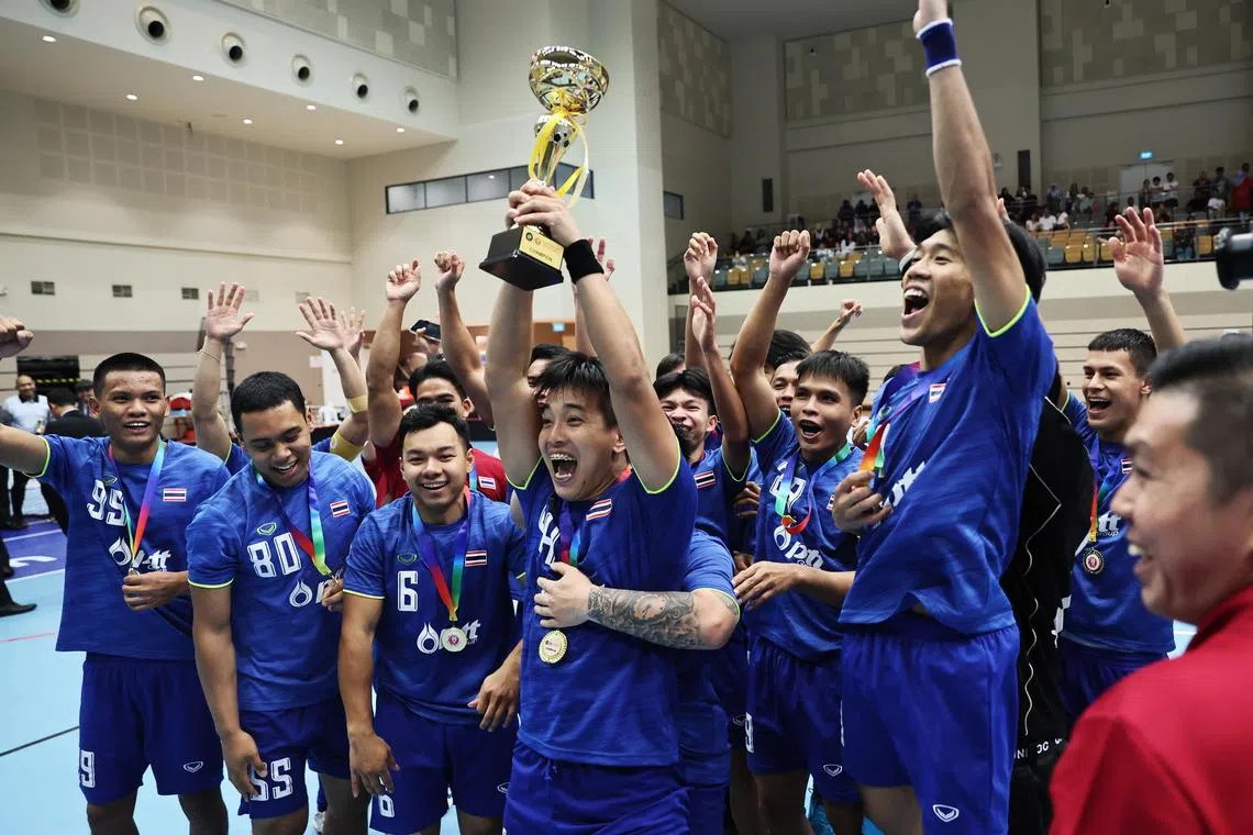 Thailand defeated Singapore A 4-2 in the final of the Asia Oceania Floorball Confederation Cup 2023 at Our Tampines Hub on Oct 14, 2023,