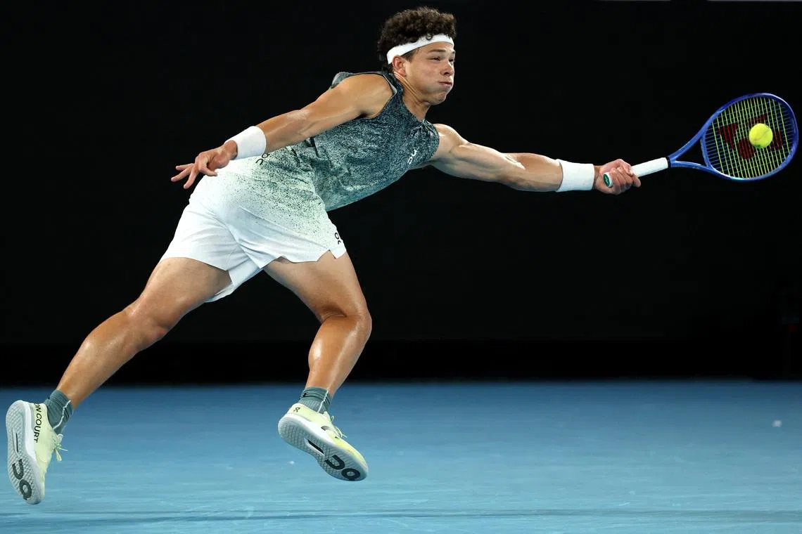 Tennis - Australian Open - Melbourne Park, Melbourne, Australia - January 26, 2026 Ben Shelton of the U.S. in action during his fourth round match against Norway's Casper Ruud REUTERS/Edgar Su