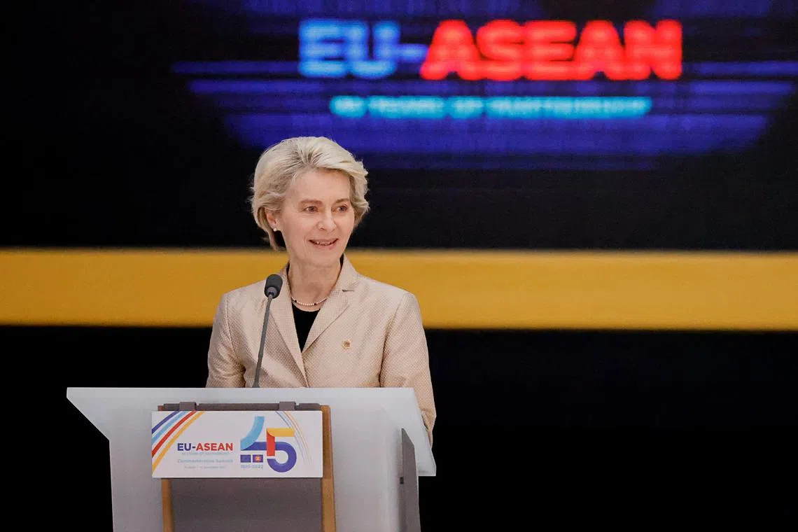 European Commission President Ursula von der Leyen speaks at the EU-Asean commemorative summit in Brussels, on Dec 14, 2022.