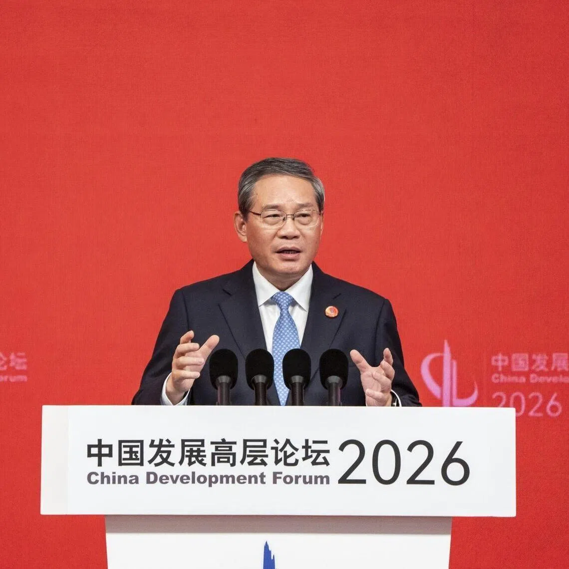 Li Qiang, China’s premier, speaks at the China Development Forum in Beijing on March 22, 2026.
