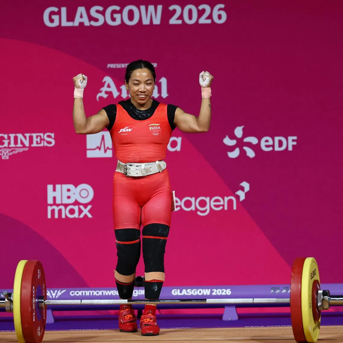 India’s Mirabai Chanu celebrates after winning the women’s 48kg final at the 2026 Commonwealth Games.