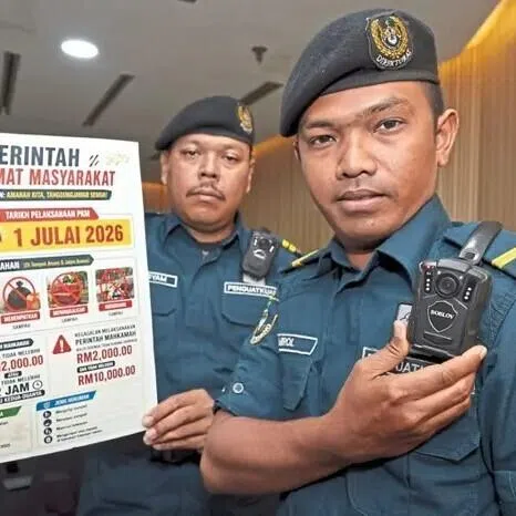 A Seberang Perai City Council enforcement officer showing his body camera while another holds up a poster on the upcoming Community Service Order during a press conference in George Town.