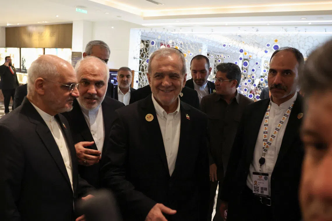 Iranian President Masoud Pezeshkian (centre) along with Mohammad Fathali, Iranian Ambassador to India (left of the president), during his visit to India for the 18th BRICS Summit, in New Delhi, on Sept 12.