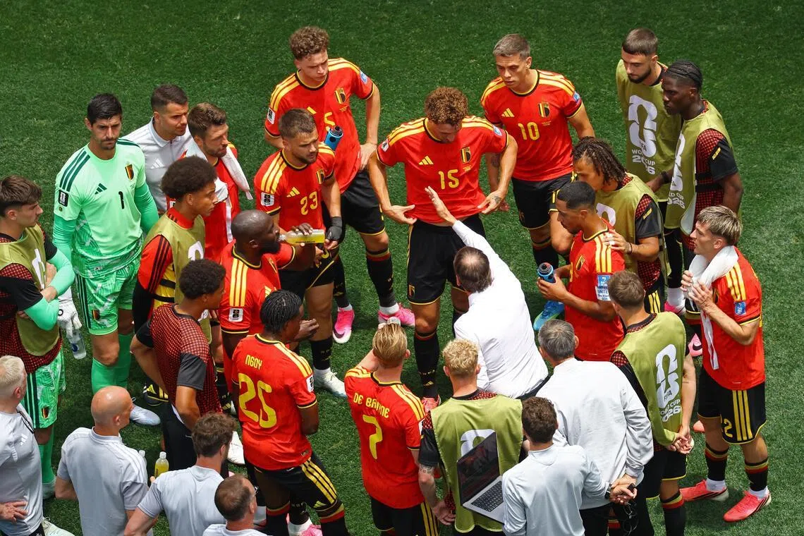 Belgium coach Rudi Garcia giving instructions to his players during the first-half hydration break of the 0-0 World Cup draw with Iran at SoFi Stadium in Los Angeles on June 21, 2026.