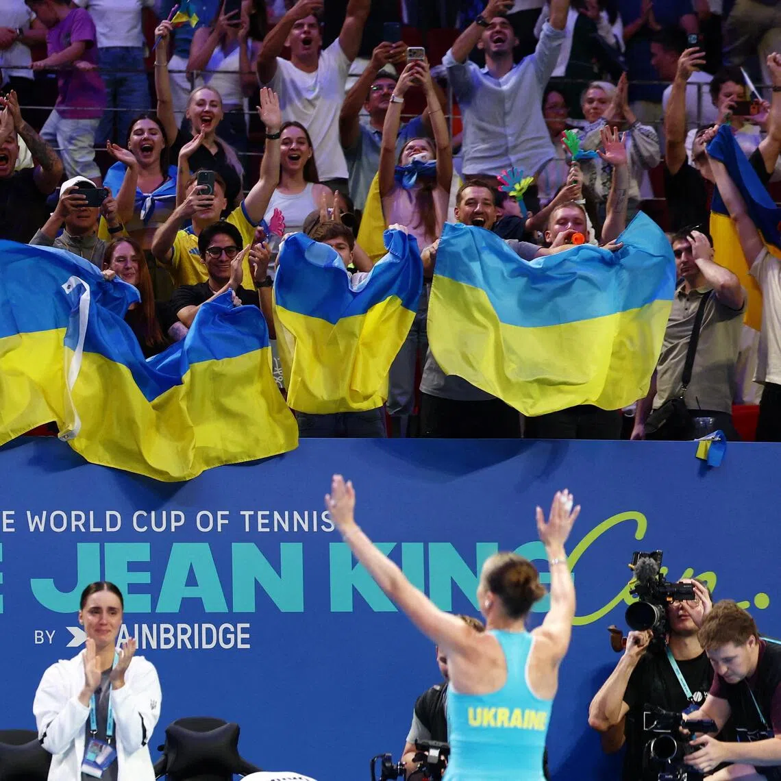 Ukraine’s Elina Svitolina celebrates with fans after winning her match against Italy’s Jasmine Paolini.
