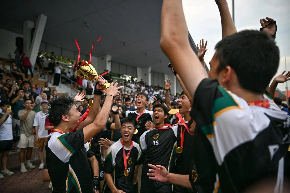 Raffles Institution players celebrating.

/A Div Boys hockey final between Raffles Institution and Victoria Junior College, at Sengkang Hockey Stadium on May 22, 2025.