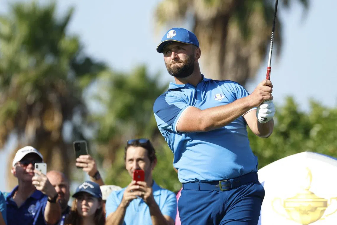 Team Europe's Jon Rahm tees off during a practice round ahead of the Ryder Cup.