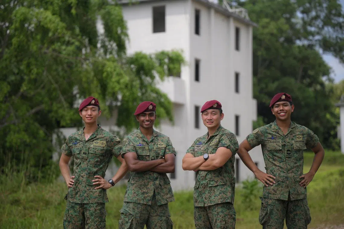 (From left) LTA Seah Zhang Qi; 2SG T Naveen, commando leader; LTC Kok Yi Long, commanding officer; and CFC Akmal Danial Rashiddin Abdul Latif, a commando fighter, from the 1st Commando Battalion, pictured on June 24.