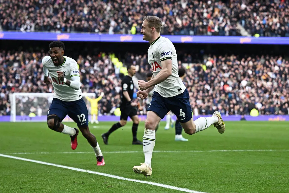 Tottenham Hotspur's Oliver Skipp celebrating with Emerson Royal after scoring the first goal in the 2-0 win over Chelsea at the Tottenham Hotspur on Sunday.