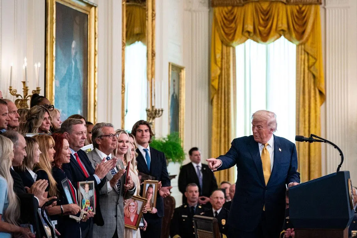 US President Donald Trump speaks during a bill signing ceremony in the East Room of the White House in Washington, DC, US, on Wednesday, July 16, 2025. Trump signed legislation that strengthens criminal penalties for fentanyl, hailing it as a historic step toward justice in his latest effort to address the public health crisis spurred by the deadly drug. Photographer: Al Drago/Bloomberg