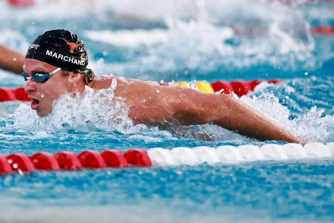 Leon Marchand competing in the men's 400m individual medley at Fort Lauderdale Aquatic Centre on May 2, 2025.