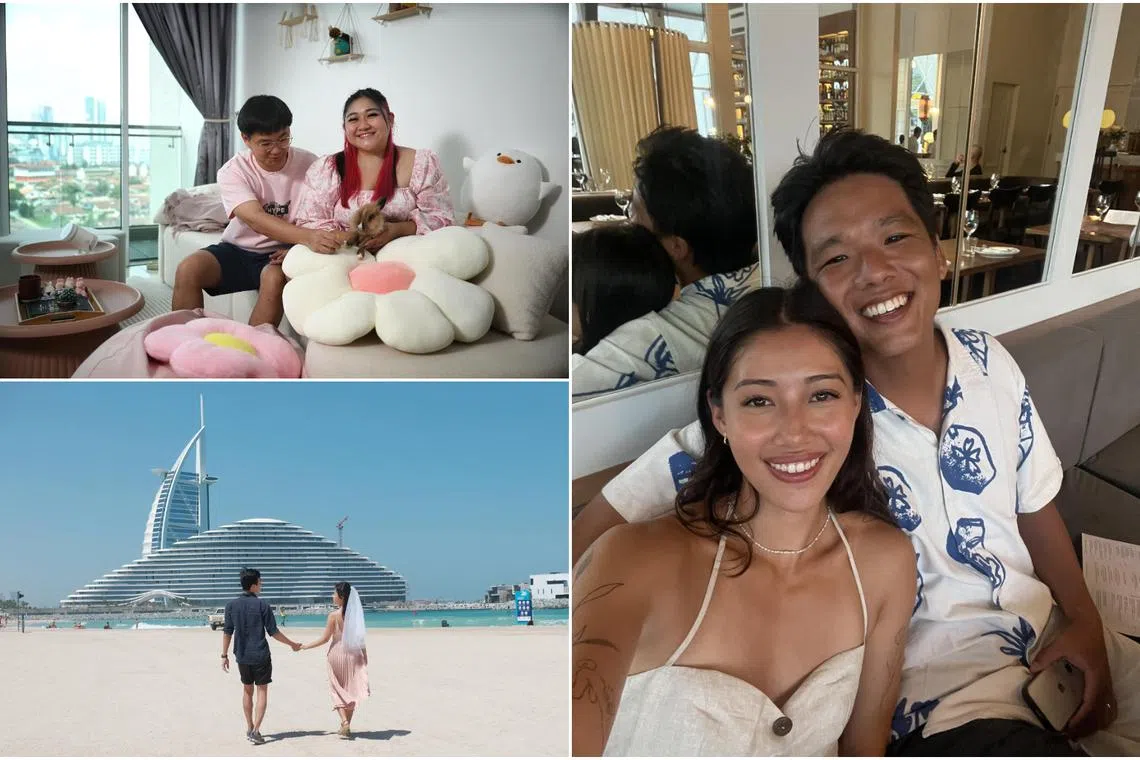 (Clockwise from top left) Justin Yeong and Niki Lee, Clara Hong and Tim Suen, and Marilyn Chew and Low Jian Sheng. 