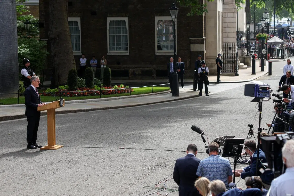 British Prime Minister Keir Starmer announcing his resignation outside 10 Downing Street on June 22.